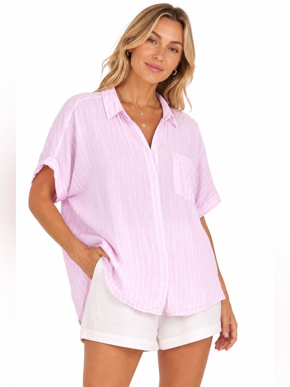 Lola River Pink Striped Button Down Shirt XL Pastel Soft Girl Coastal Relaxed